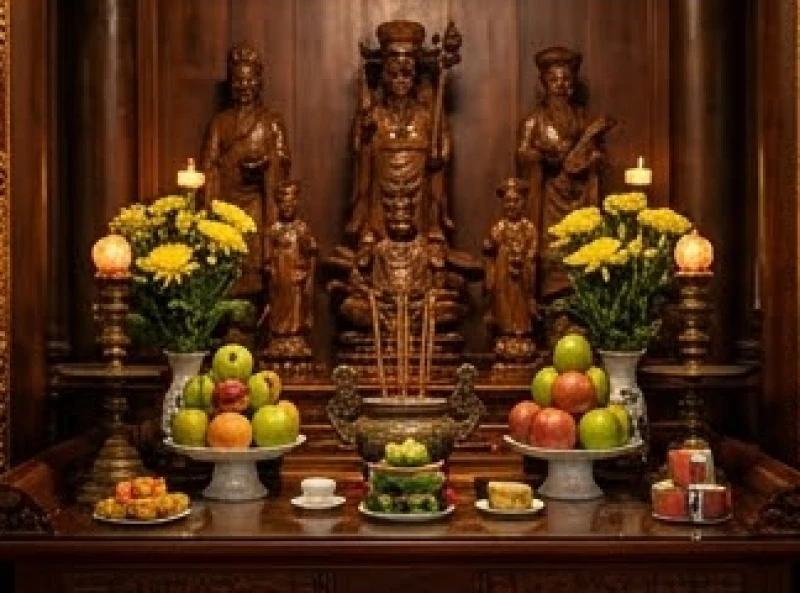 Bàn thờ Đức Ông trang nghiêm với mâm lễ vật được bày biện chỉn chu tại một ngôi chùa