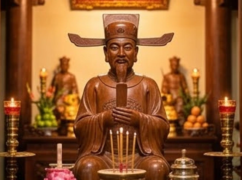 Không gian uy nghi của ban thờ Đức Chúa Ông với tượng quan văn đội mũ cánh chuồn tại chùa