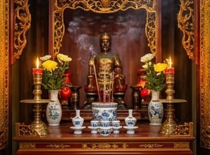 Văn khấn Đức Thánh Tản Viên: Sắm lễ chuẩn và bài khấn các ban 8 Ban thờ Đức Thánh Trần uy nghiêm được bày biện cỗ mặn và rượu trắng để người dân dâng lễ