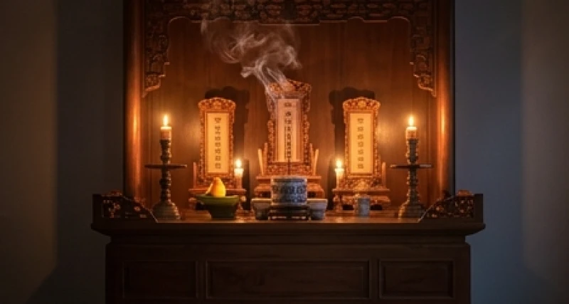 Không gian thờ cúng tổ tiên ấm áp với ánh nến và nhang trầm lan tỏa sự bình yên che chở con cháu