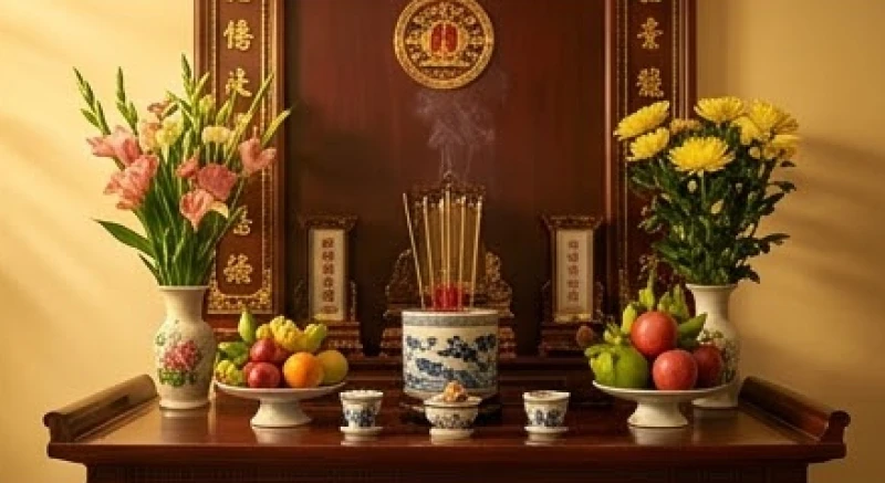 Bàn thờ gia tiên với nén nhang và hoa tươi được chuẩn bị tươm tất gọn gàng