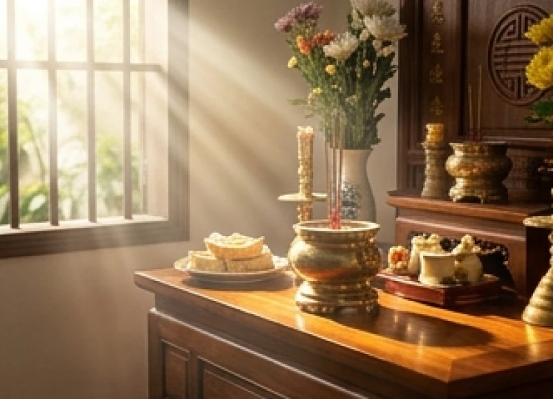Không gian thờ cúng linh thiêng ngập tràn ánh nắng buổi sáng rực rỡ, thích hợp để thực hiện nghi thức thỉnh mời gia tiên