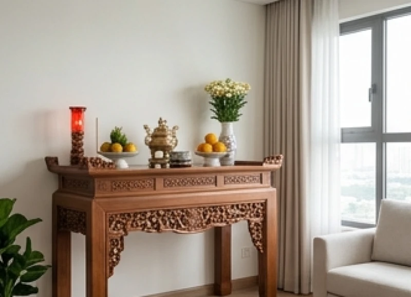 Không gian thờ cúng gia tiên thanh tịnh với bàn thờ gỗ chạm khắc tinh xảo đặt đúng phương vị