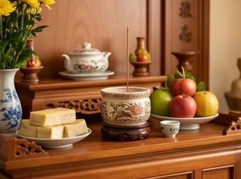 Bàn thờ Thổ Công và gia tiên được dọn dẹp sạch sẽ cùng mâm ngũ quả tươi chuẩn bị cho nghi thức dâng hương tạ ơn cuối tháng
