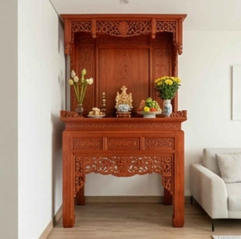 Bàn thờ gia tiên bằng gỗ gõ đỏ chạm khắc tinh xảo được đặt sát tường trong không gian phòng khách trang nghiêm