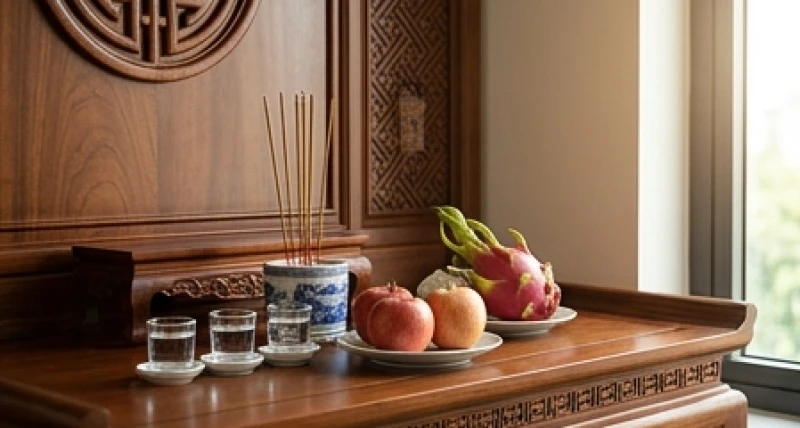 Bàn thờ gia tiên được sắp xếp gọn gàng, sạch sẽ với mâm lễ tạ tối giản chờ thực hiện nghi thức khấn an vị