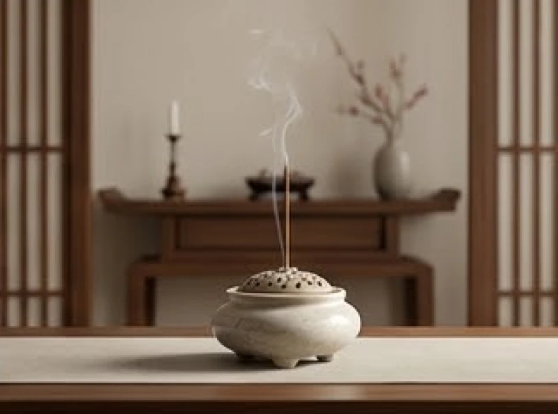 Không gian thờ cúng thanh tịnh với lư hương gốm sứ đón ánh sáng tự nhiên từ hướng Nam