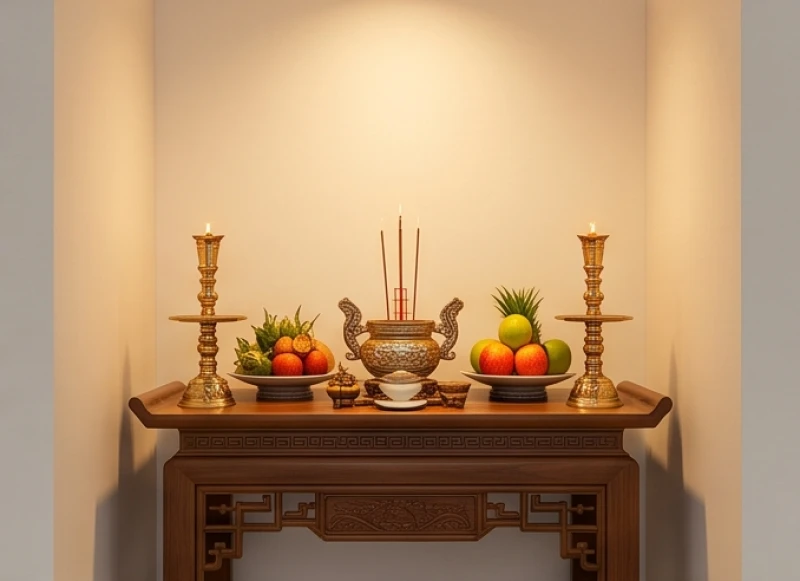 Bàn thờ gia tiên bằng gỗ trang nghiêm được đặt tại góc nhà tĩnh lặng, hướng ra khoảng không rộng rãi