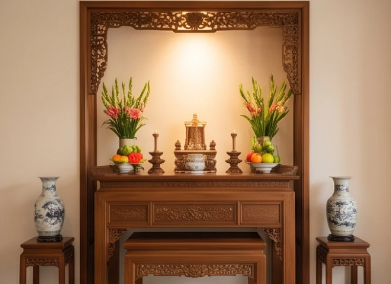 Đinh Tỵ 1977 hợp hướng nào: Bố trí nhà ở & hóa giải hướng xấu 4 Không gian thờ cúng trang nghiêm được sắp xếp tại vị trí Phục Vị nhằm giữ bình yên cho gia đình