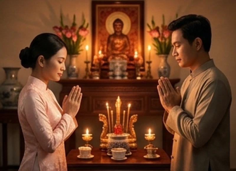 Gia chủ chắp tay thành kính trước ban thờ gia tiên nguyện cầu bình an