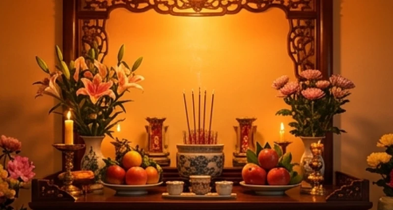 Mơ thấy cụ già: Ý nghĩa điềm báo, sổ mơ và 3 bước trấn an 5 Không gian thờ cúng gia tiên được trang hoàng hoa tươi quả ngọt và những nén nhang đang cháy rực