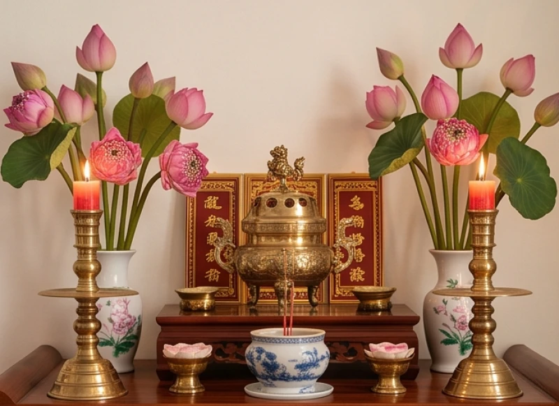 Bàn thờ gia tiên trang hoàng lộng lẫy với hoa sen và phông chữ hỷ trong ngày nạp tài