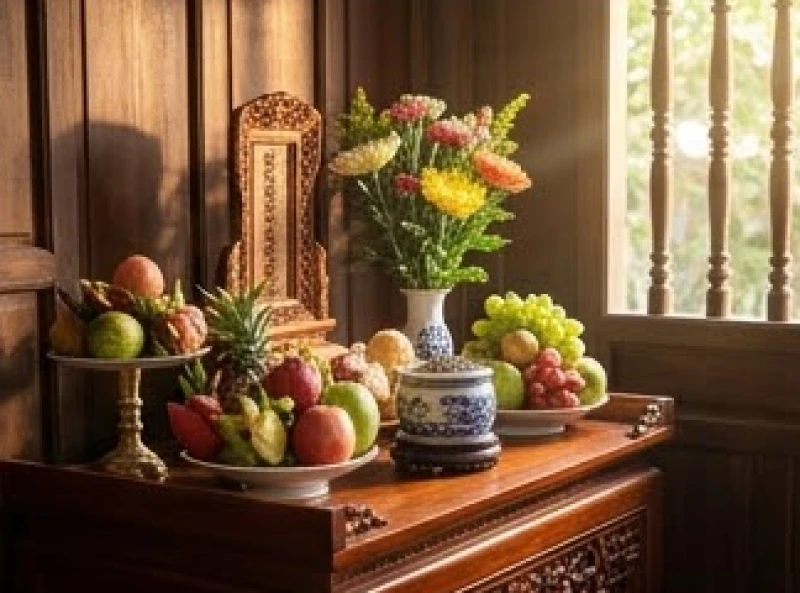 Bàn thờ gia tiên người Việt được bày trí tươm tất với mâm trái cây và bình hoa tươi