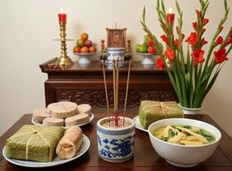 Mâm cúng tất niên trong nhà được đặt trên bàn thờ gia tiên với bánh chưng, giò lụa và canh măng