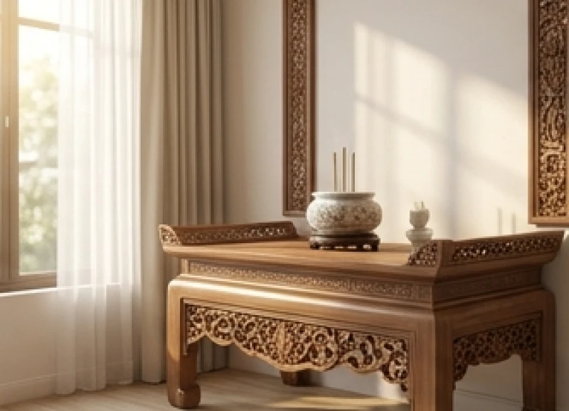Bàn thờ gia tiên bằng gỗ tự nhiên được chạm khắc tinh xảo đặt trang trọng trong phòng thờ riêng biệt