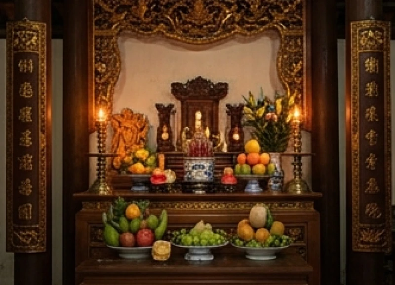 Không gian bàn thờ gia tiên linh thiêng được bài trí gọn gàng, thể hiện sự thanh tịnh trong phong thủy ngôi nhà