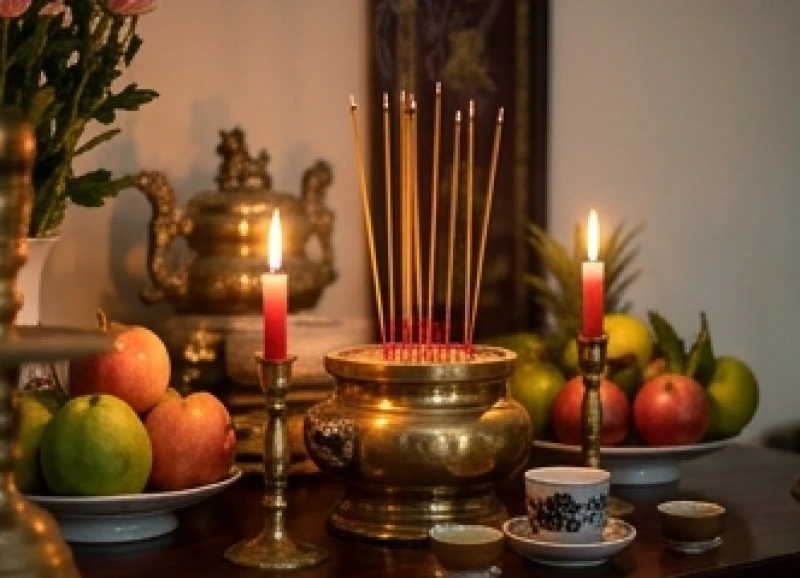 Văn khấn đốt vàng mã cho người mất: bài khấn chuẩn và trình tự nghi lễ 1 Bàn thờ gia tiên với đèn nến và nhang đang cháy trước khi tiến hành nghi thức hóa vàng mã