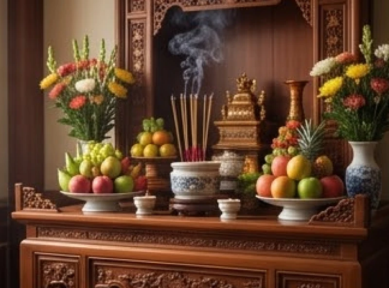 Bàn thờ gia tiên truyền thống với khói nhang nghi ngút trong lễ cáo yết