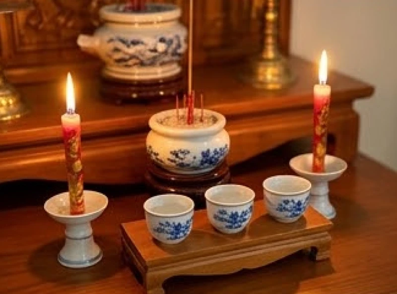 Văn khấn xin phép Thổ Công cho trẻ về nhà: Trình tự và bài cúng 4 Cặp nến và ba chén nước lọc trong vắt đặt ngay ngắn trên ngai chén phía trước bát hương Thổ Công