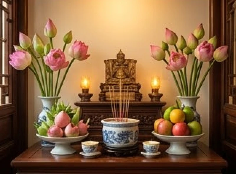 Tử vi trọn đời tuổi Bính Thân 1956 nữ mạng: Hậu vận & dưỡng mệnh 10 Bàn thờ gia tiên được bài trí gọn gàng, trang nghiêm với hoa tươi và trái cây trong một ngôi nhà truyền thống