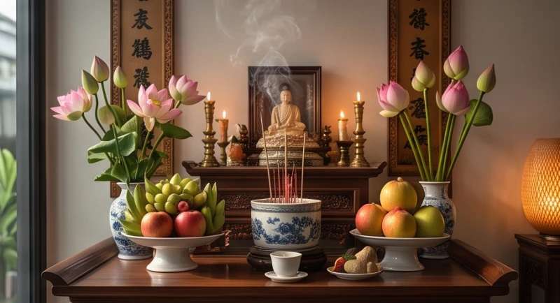 Mơ thấy người đã chết lại chết: Điềm báo và cách hóa giải lo âu 5 Bàn thờ gia tiên được dọn dẹp sạch sẽ với mâm ngũ quả và những nén nhang trầm đang cháy
