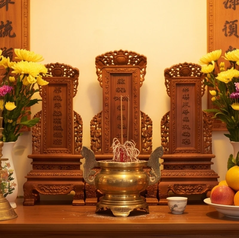 Ban thờ gia tiên với bài vị bằng gỗ và bát hương được chạm trổ tinh xảo