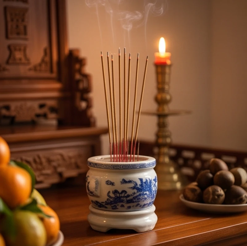 Bàn thờ tổ tiên được thắp nhang sáng đèn chuẩn bị cho nghi thức tâm linh đón thành viên mới