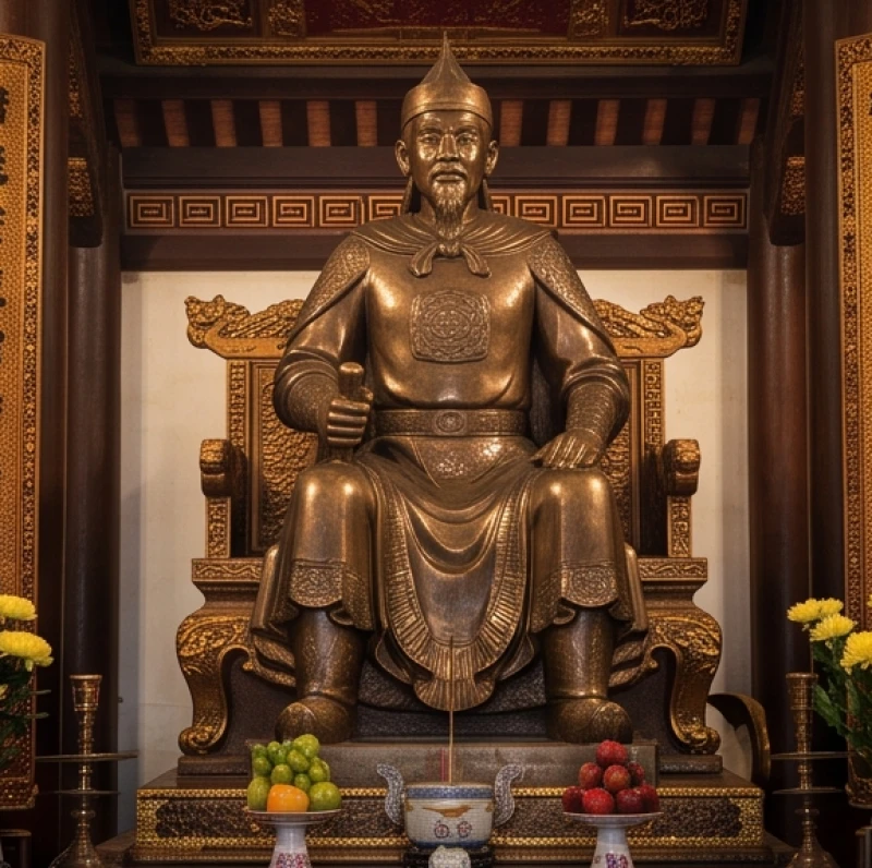Tượng thờ Đức Hưng Đạo Đại Vương uy nghi được đặt tại chính điện của đền thờ Trần Triều