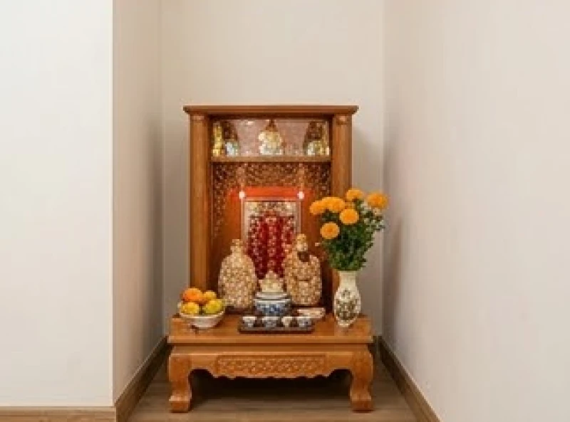 Cách bài trí bàn thờ Thần Tài cho tuổi Sửu: chuẩn hướng 5 nạp âm 8 Bàn thờ Thần Tài nhỏ gọn được kê lên đôn gỗ cao trang trọng trong một ki-ốt kinh doanh có diện tích chật hẹp