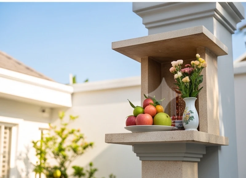 Bàn thờ bán thiên ngoài trời được dọn dẹp sạch sẽ với mâm hoa quả tươi để cúng Mẫu Cửu Trùng Thiên