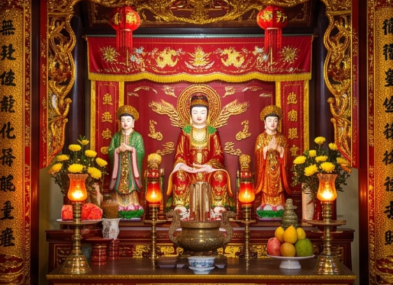 Không gian uy nghi và rực rỡ sắc đỏ vàng tại Ban Mẫu Đền Lảnh Giang với các bức tượng hiền từ