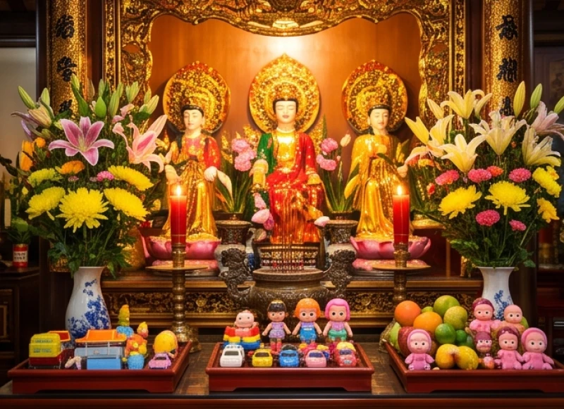 Văn khấn cầu con tại chùa: Bài khấn chuẩn, lễ vật và văn tạ lễ 7 Gian thờ Thánh Mẫu và các Bà Mụ ngập tràn hoa tươi, nơi tín chủ dâng đồ chơi và tiền vàng để cầu tự