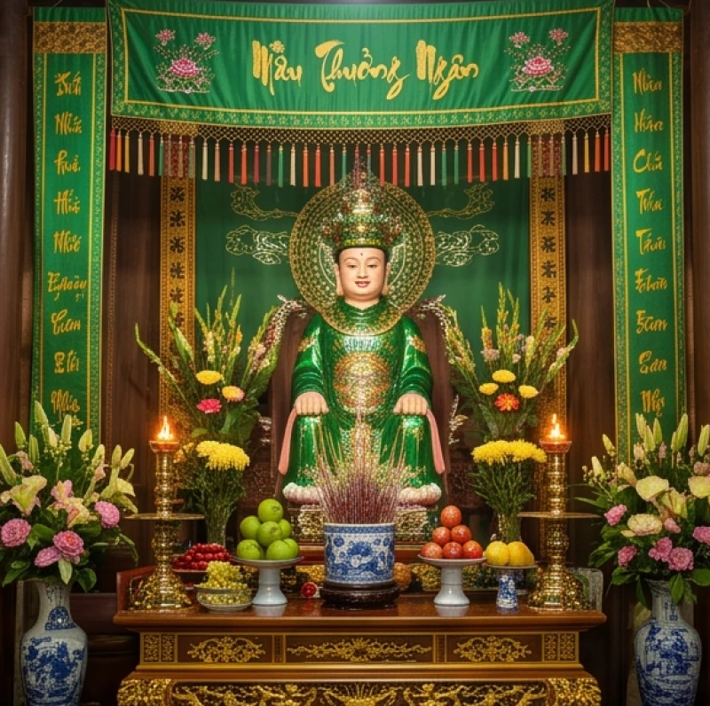 Gian thờ chính lộng lẫy uy nghiêm của Mẫu Thượng Ngàn tại đền Bắc Lệ với sắc xanh lá cây đặc trưng