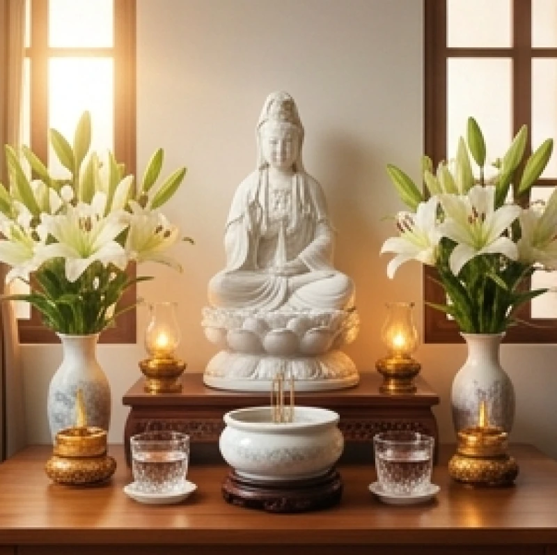 Văn khấn cầu con Quan Âm: Bài cúng chuẩn và nghi lễ cầu tự 8 Bàn thờ Phật trang nghiêm tại gia đình với tượng Bồ Tát bằng sứ, hoa sen trắng và đèn dầu ấm áp