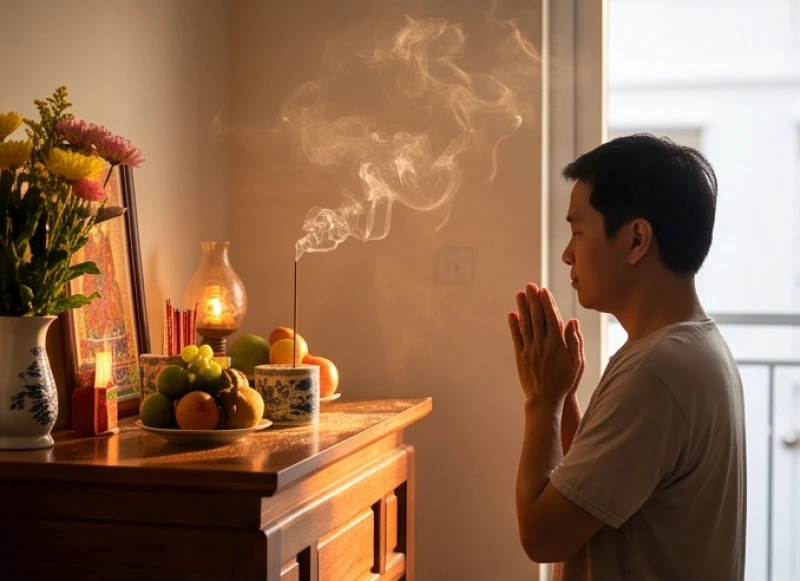 Văn khấn cúng Bà Bổn Mạng tại nhà: Mẫu bài khấn và mâm lễ 2 Gia chủ chắp tay thành kính trước bàn thờ Bà Bổn Mạng để cầu xin sức khỏe và bình an cho bản thân