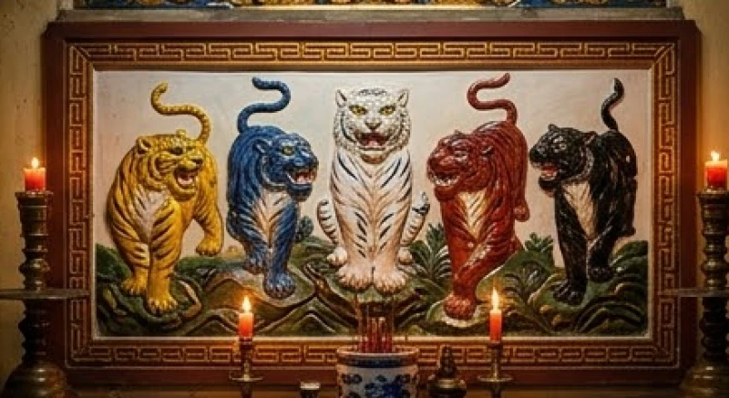 Tượng Ngũ Hổ uy nghi trấn giữ tại hạ ban Đền Tam Kỳ, nơi tiếp nhận mâm lễ đồ sống của người đi lễ