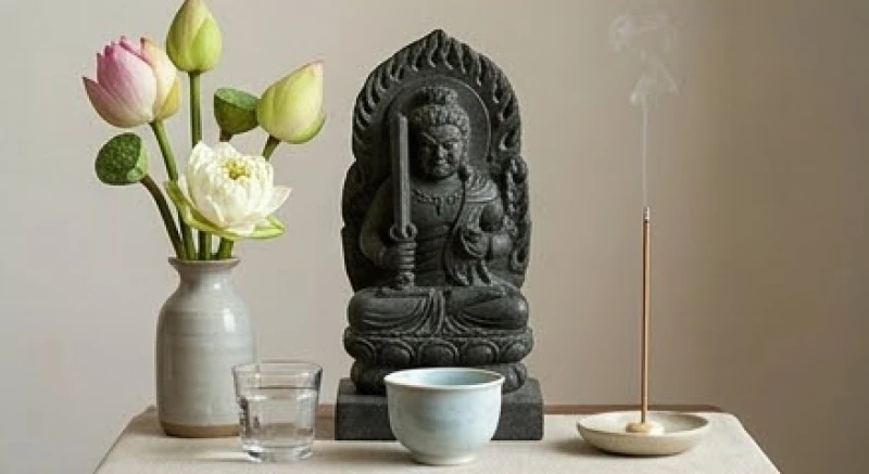Phật bản mệnh tuổi Dậu: Chọn đúng màu đá và tự khai quang 7 Không gian thờ cúng Bất Động Minh Vương thanh tịnh tại gia đình với hoa tươi và hương trầm
