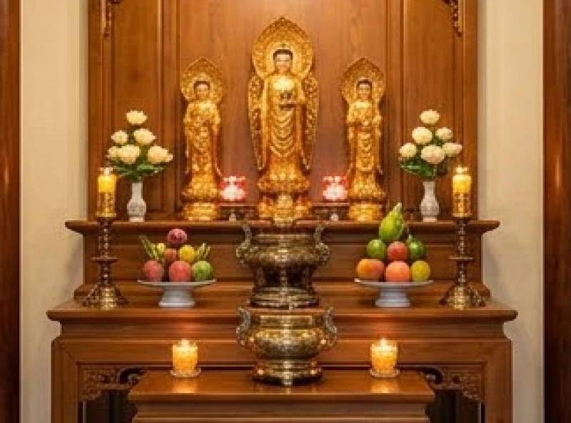 Văn khấn Địa Tạng tại chùa: Hướng dẫn sắm lễ và bài cúng chuẩn 5 Không gian ban thờ Phật thanh tịnh chỉ bày trí hương đèn và hoa quả tươi tuyệt đối không có đồ mặn