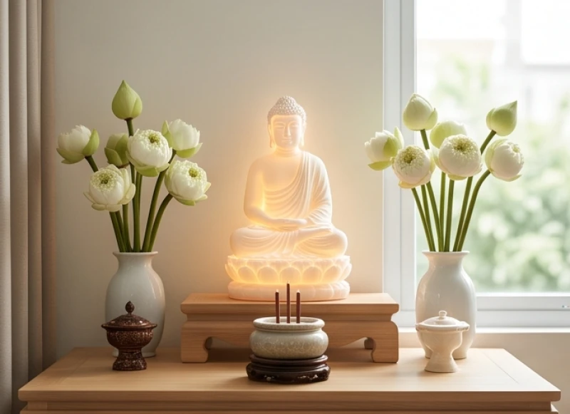 Văn khấn Phật tại nhà: Trọn bộ bài cúng chuẩn và quy tắc dâng lễ 1 Không gian bàn thờ Phật tại gia được bài trí thanh tịnh với tượng Phật Thích Ca và hoa tươi