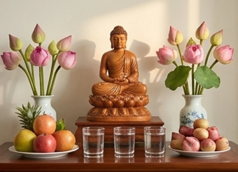 Văn khấn Phật hàng ngày tại gia: Bài cúng chuẩn nghi thức 1 Bàn thờ Phật tại gia thanh tịnh với tượng tôn nghiêm, hoa tươi và trái cây