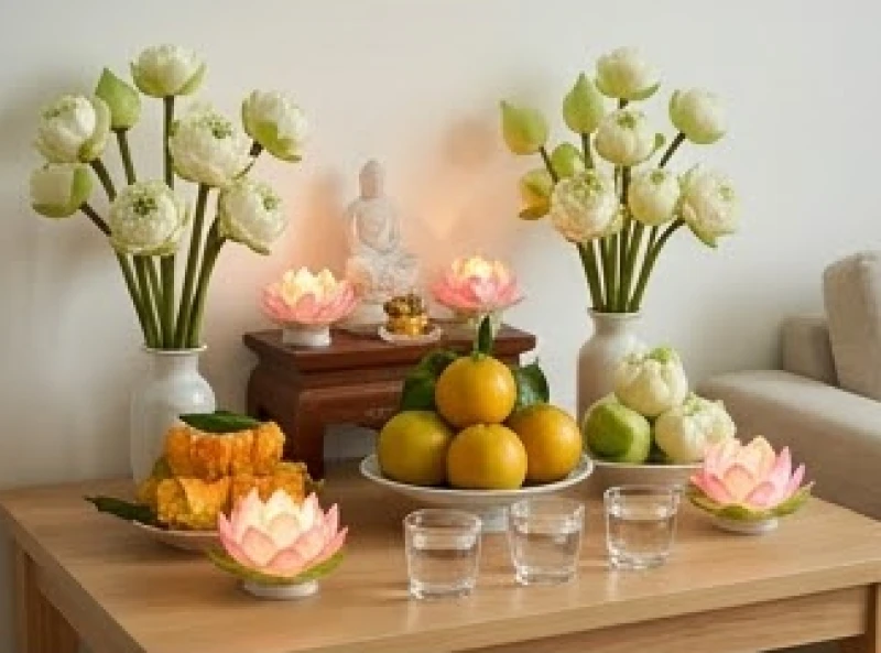 Văn khấn cầu siêu cho oan gia trái chủ: Bài cúng và sắm lễ 4 Bàn thờ Phật tại nhà được dọn dẹp sạch sẽ, bày biện hoa quả và đèn nến đúng nguyên tắc tâm linh
