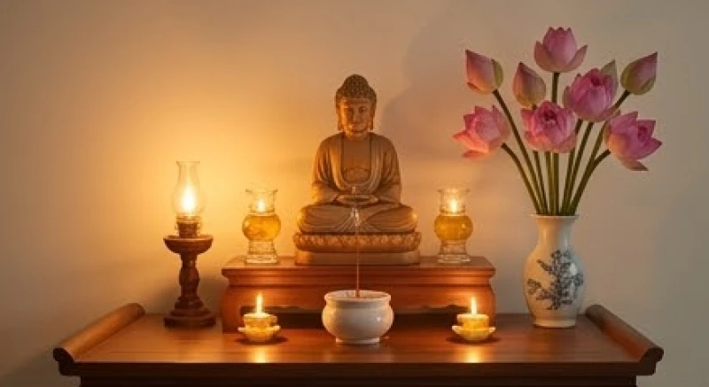 Văn khấn ngày vía Địa Tạng: Bài cúng chuẩn và khung giờ hành lễ 1 Không gian bàn thờ Phật và Bồ Tát trang nghiêm tại nhà với hương đèn và hoa sen tươi