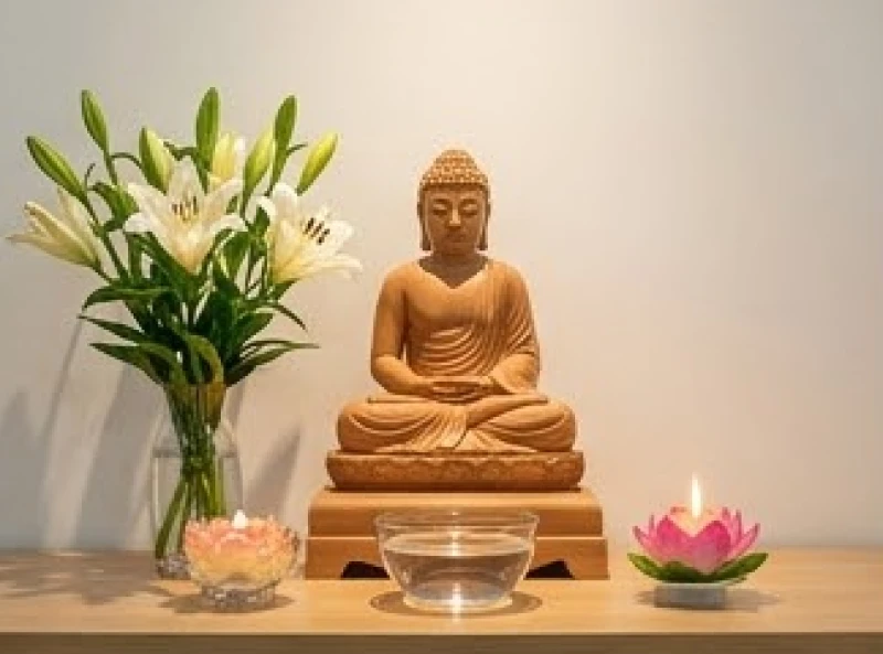 Không gian thờ Phật tại gia được bài trí gọn gàng, sạch sẽ với đèn nến và bình hoa tươi
