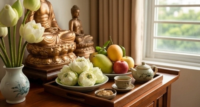 Mâm lễ vật thuần chay với hoa sen và trái cây tươi được bày biện trang nghiêm trên bàn thờ Phật