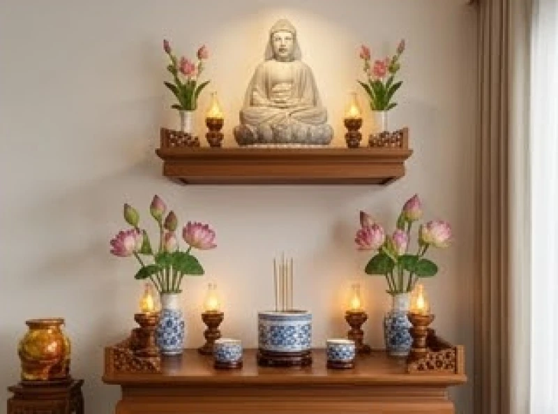Bàn thờ Phật được đặt trang trọng ở vị trí cao hơn hẳn so với bàn thờ gia tiên trong cùng một không gian