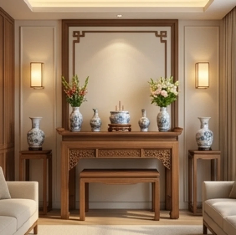 Bàn thờ tổ tiên bằng gỗ uy nghi được đặt tại góc trang trọng nhất hướng về cung Sinh Khí