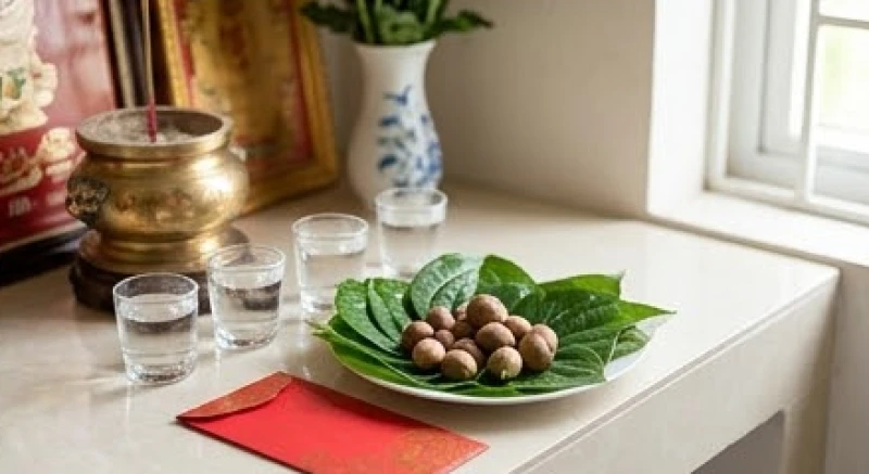 Góc bàn thờ trang nghiêm với các ly nước trong vắt và đĩa trầu cau tươi để an vị lộc