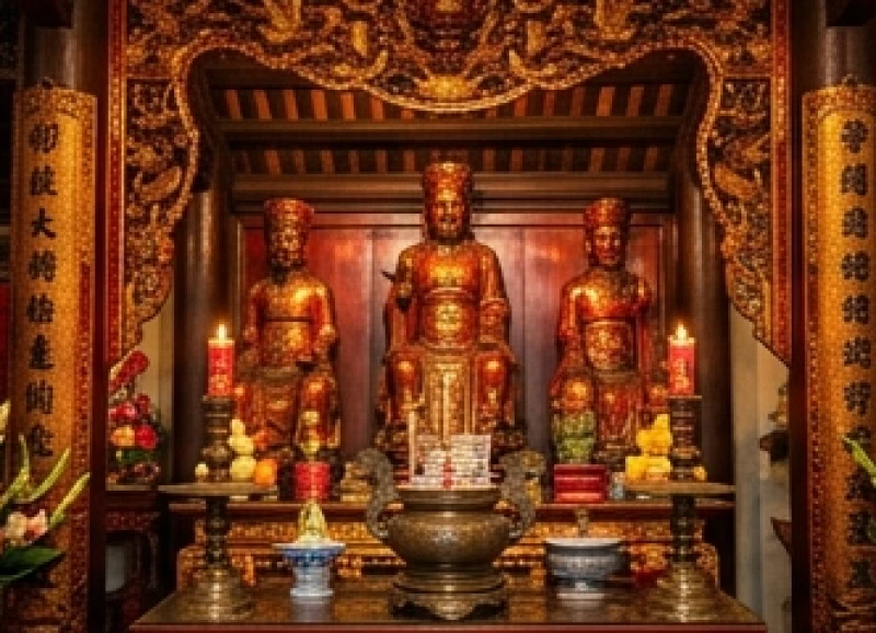 Văn khấn lễ hội Đền Lảnh Giang: Bài cúng chuẩn và sơ đồ hành lễ 2 Gian thờ chính bên trong đền với các pho tượng uy nghi của Tứ Vị Đại Vương và Quan Lớn Đệ Tam