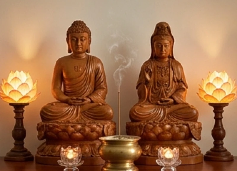 Văn khấn Phật hàng ngày tại gia: Bài cúng chuẩn nghi thức 9 Ban thờ Tam Bảo trang nghiêm tôn trí tượng Đức Phật Thích Ca và Quan Thế Âm Bồ Tát