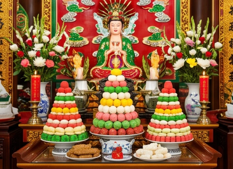 Khu vực điện thờ Tam Tòa Thánh Mẫu rực rỡ sắc màu với những mâm oản lọng và hoa tươi